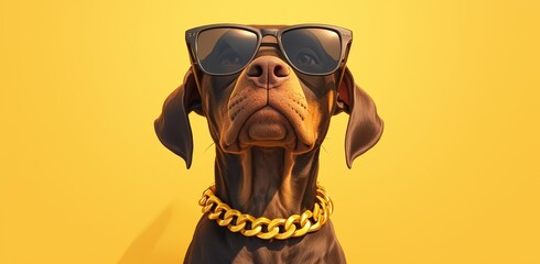 A brown dog with black sunglasses, a gold chain necklace and a cap posing in the style of the rapper grilly on a yellow background - obrazy, fototapety, plakaty