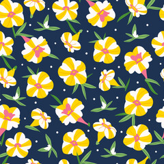 Summer seamless pattern with calibrachoa petunia yellow and white flowers on blue background. Spring vector illustration for print, fabric, tablecloth, wrapping paper, wallpaper, textile, cover