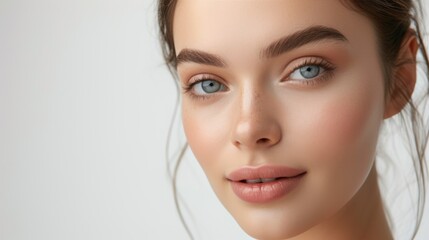 A mesmerizing close-up portrait of an enchanting young woman with deep blue eyes and a soft, glowing complexion