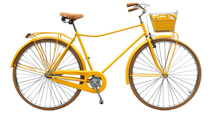 Yellow retro bicycle with basket isolated on white background 