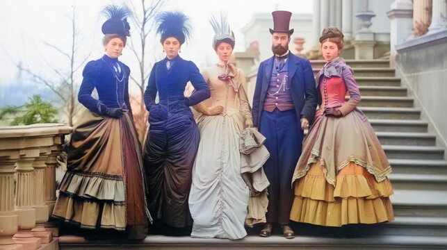 1850s Fashion Victorian style man and women in elegant clothes with hat posed for photoshoot old times look at camera