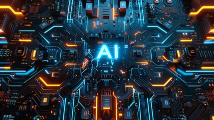 a circuit featuring bold capitalized letters AI in the center.  Artificial Intelligence