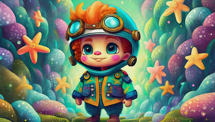 Fototapeta na wymiar oil painting style cartoon character Multicolored cute baby child in a pilot costume