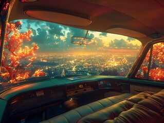 Fototapeta premium Breathtaking Urban Sunset Cityscape Viewed Through Car Windshield Amidst Autumn Foliage