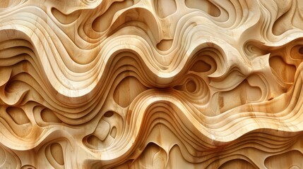 Abstract carving wooden background with organic whimsical shapes, natural eco colors and textures, lines, waves, holes and washes on the wood surface, AI generated