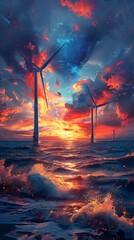 Dramatic Sunset Over Coastal Wind Turbines Generating Sustainable Electricity