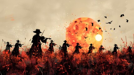 Dramatic Silhouetted Gunslingers Facing Off at Fiery Sunset in Surreal Western Landscape