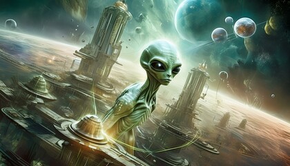 Alien persona with alien planet background and microwaves of light and future houses AI Generated
