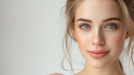 Close-up of a radiant young woman with blue eyes and a gentle smile, embodying natural beauty and soft elegance