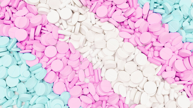 Baby pink blue white transgender medication testosterone estrogen health care dangerous drugs safeguarding 3d illustration render digital rendering	