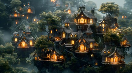 Fototapeta na wymiar Enchanting Fairy Tale Village Nestled in Mystical Forested Landscape with Glowing Illuminated Cottages and Cabins