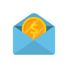 Open envelope with gold dollar coin inside. Vector illustration. Receiving payment.