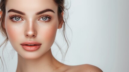 A close-up portrait of a luminescent young woman, her striking features accented by subtle freckles and captivating eyes, against a clean white background