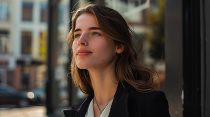 Obraz premium Businesswoman stands on street outside of office building lobby female Caucasian in suit look at sky 