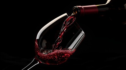 Red wine pouring to bordeaux glass on table pure black background