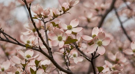 Obraz premium Blooming pink dogwood tree branches, spring floral background with soft pastel blossoms, delicate garden flowers in selective focus