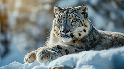 Snow leopard, majestic predator, poses amidst snowy landscape, its spotted fur blending seamlessly with the environment