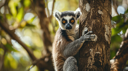 Fototapeta premium Lemur with captivating eyes perched on a tree, showcasing its unique ring-tailed beauty in Madagascar's wildlife