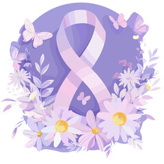 striped ribbon, a symbol of awareness, is nestled among a bouquet of delicate flowers and fluttering butterflies
