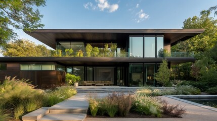 American style mansion house home square roof two-storey green lawn stone walk way small bushes trees in background