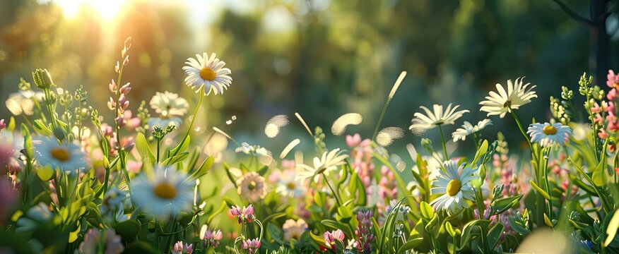 Panoramic floral background, web banner with chamomile flowers field, panoramic view on wildflowers spring meadow in sunrise, natural view, AI generated image