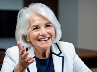 A female senior with a gesture that smiles and speaks positively.