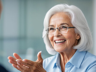 A female senior talking with a smile on her face.