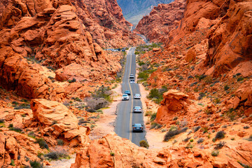 Narrow “White Domes Road“ scenic drive in the Valley of Fire State park near Las Vegas, Nevada...