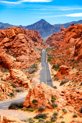 Narrow “White Domes Road“ scenic drive in the Valley of Fire State park near Las Vegas, Nevada (USA). Colorful sandstone rocks in the Mojave Desert, view points and trails are a popular touristi sight