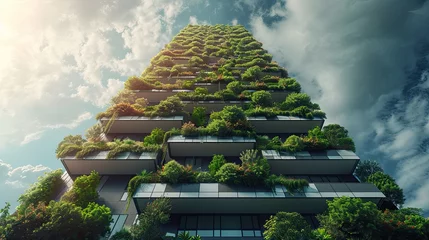 Rolgordijnen Ecological futuristic green city, lush greenery, trees, buildings, eco-friendly and sustainable development concept, protection of environment, AI generated image © Maria Zamchiy 