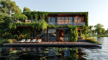Fototapeta na wymiar Green eco house - cottage or hotel with pound, lush greenery and glazed facade, ecological concept, natural organic style design, AI generated