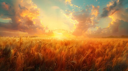 Breathtaking Sunset Over Lush Golden Wheat Field in Picturesque Rural Landscape - obrazy, fototapety, plakaty