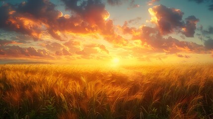 Breathtaking Golden Sunset Over Vast Wheat Field in Serene Countryside Landscape