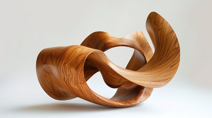 a sculpture formed from a single, continuous ribbon of polished wood, gracefully flowing and twisting in an intricate dance of organic forms. 