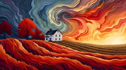 Dreamscape Rural Farmhouse Amid Vibrant Swirling Clouds and Fiery Sunset Sky