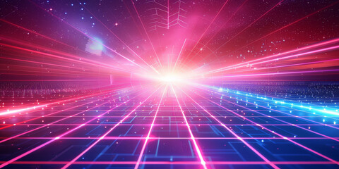 A retro synthwave background with neon grid lines and purple, blue and pink light rays.  '80s aesthetic with glowing geometric patterns and grid structures. Retro Sci-Fi Background Futuristic Grid 