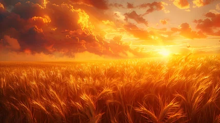 Foto op Canvas Glowing Golden Wheat Field at Dramatic Sunset or Sunrise with Dramatic Sky and Lighting © sathon