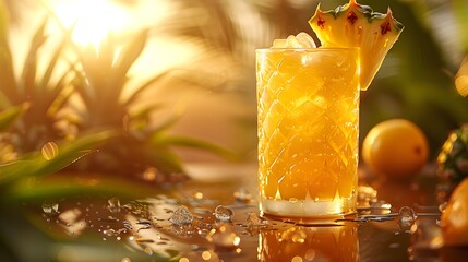Refreshing Tropical Pineapple Cocktail in Chilled Glass Amidst Lush Foliage