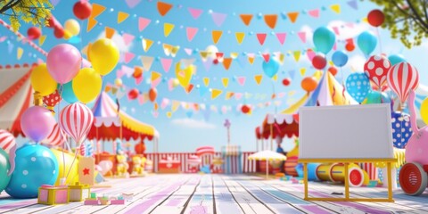 A summer festival with colorful decorations and a blank banner for event details.