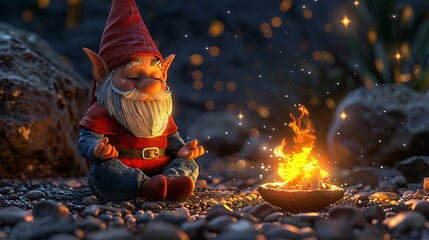 Gnome packs meditation interrupted by fire discovery, Fasolada night under stars , 3DCG - obrazy, fototapety, plakaty