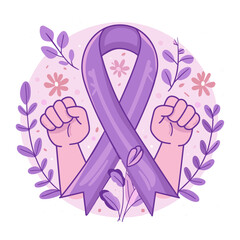 symbol of strength and hope in the fight against cancer. A clenched fist wrapped in a purple ribbon is surrounded by delicate pink flowers