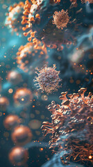 A scene where nano-molecules form a protective shield around diseased cells