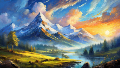 Oil painting of majestic landscape with mountains. Green nature. Beautiful natural scenery. - obrazy, fototapety, plakaty