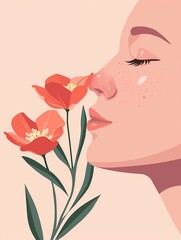 Nose smelling flowers, cartoon, flat design, pastel colors, isolated , high resolution DSLR