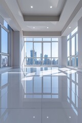 Fototapeta premium Empty modern apartment room with large windows and a view of the city skyline
