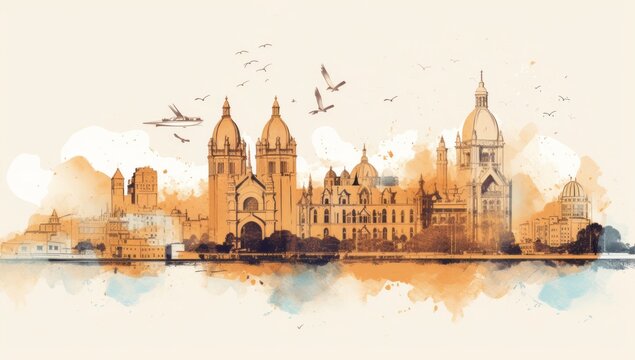 Watercolor splash with hand drawn sketch of Gateway of India Mumbai, India in illustration