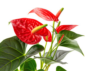 Red anthurium flower with green leaves isolated on transparent or white background