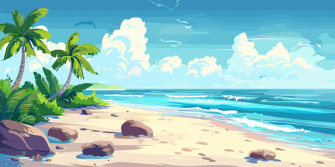 Fototapeta na wymiar Blank background beach by the sea summer vector cartoon illustration, copy space landscape beach and ocean 