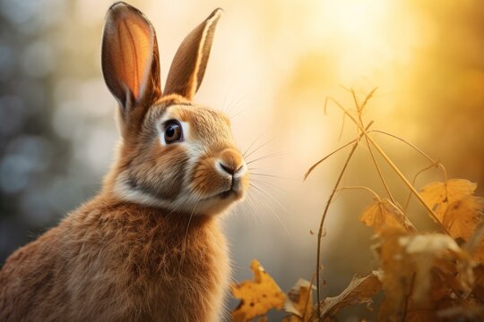 Intricate Side view portrait of wild rabbit. Brown cute hare in nature grass. Generate ai
