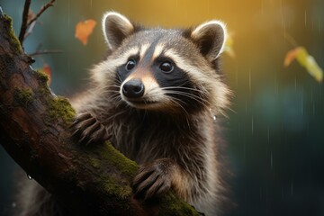 Obraz premium Alert Raccoon animal baby. Forest mammal. Generate Ai